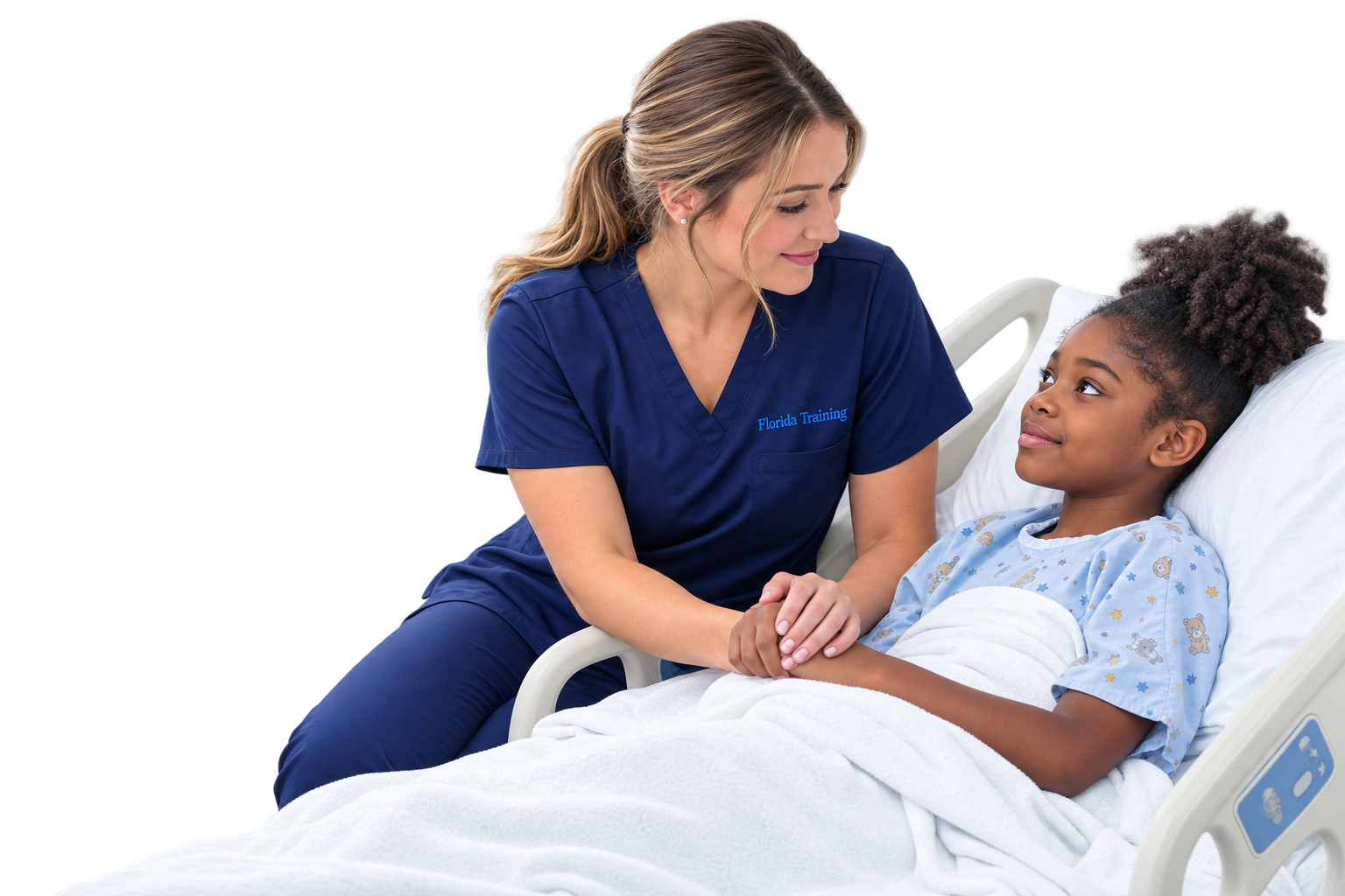 Nurse comforting a hospitalized child for an AHA PALS class in Jacksonville, Florida