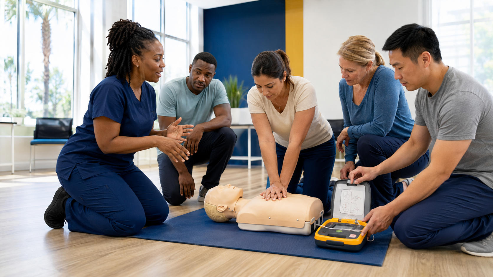 Diverse adults practicing CPR and AED skills during an HSI class in Jacksonville