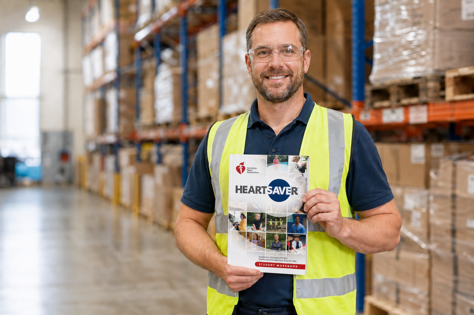 Warehouse employee holding an American Heart Association Heartsaver Student Workbook