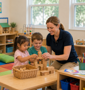 Daycare workers supervising preschool children during classroom activities in Jacksonville, Florida